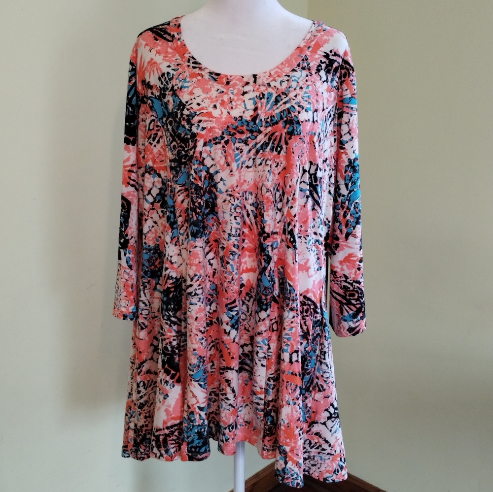 Attitudes by Renee Coral Pink & Teal Printed Swing Tunic